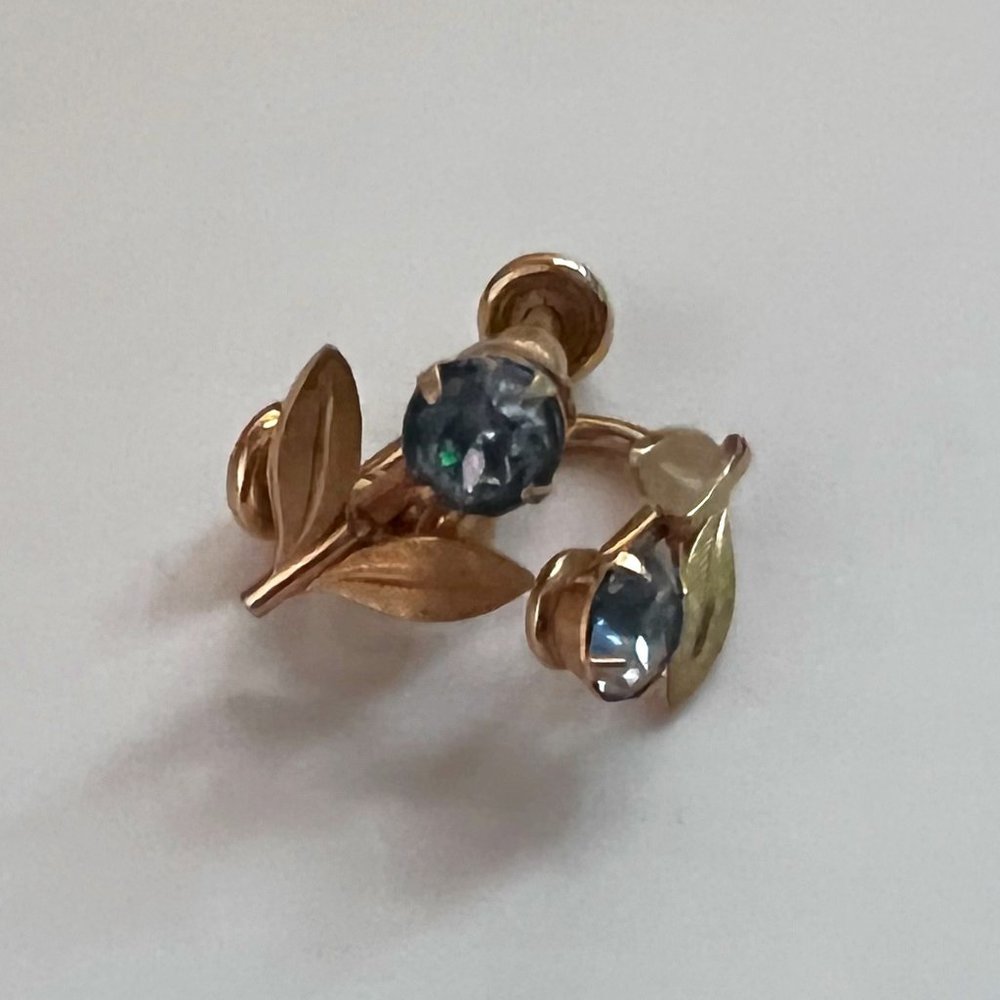 Vintage Van Dell 1/20 12K Gold Filled Blue Glass Floral Leaf Screw Back Earrings